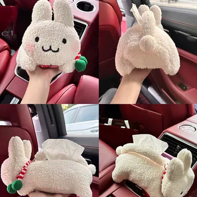 Box Hanging Cute Car Tissue Car tissue box/set - hanging-tissue-box-scarf-white-lying-rabbit-horizontal-style