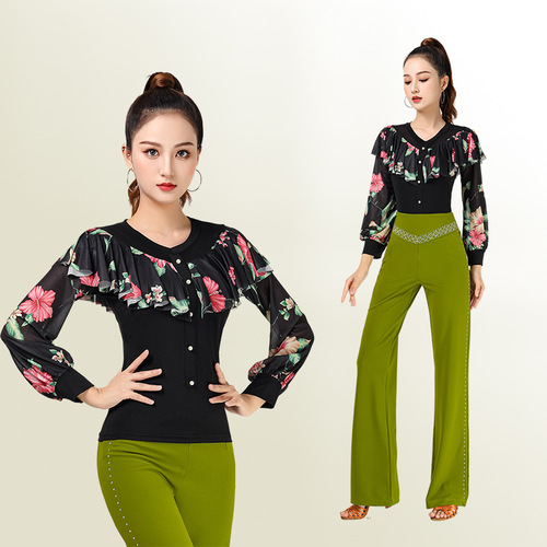 Latin dance clothes tops for women to practice ruffles, flowers, long sleeves, autumn and winter new dance clothes, adult modern dance
