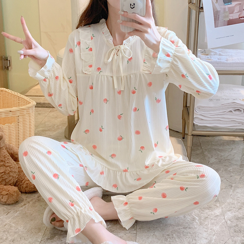 Estilo japonés pijamas florales de las mujeres de otoño e invierno estilo coreano de manga larga dulce lindo princesa estilo vivo traje de desgaste al por mayor