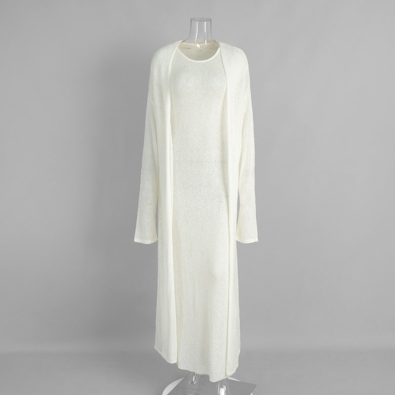 Bộ đầm dệt kim hai mảnh nữ gồm áo cardigan dài tay và đầm liền thân dáng dài — trắng, tím