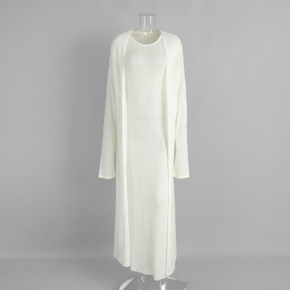 Bộ đầm dệt kim hai mảnh nữ gồm áo cardigan dài tay và đầm liền thân dáng dài — trắng, tím chi tiết 3