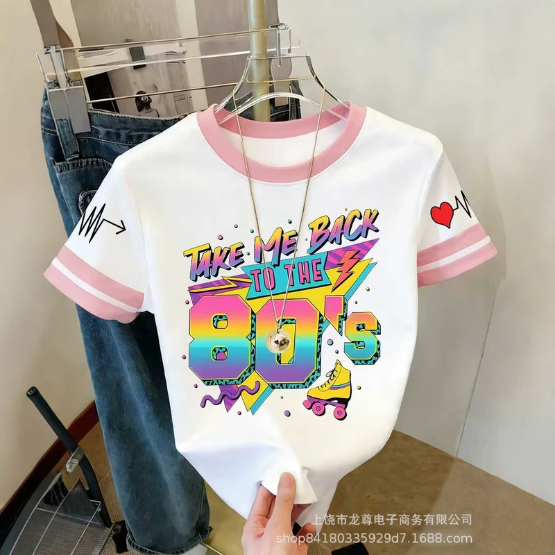 Foreign Trade Women's Clothing Hot-Selling Item: 80S Retro Style T-Shirt with Rainbow Gradient Print, Color-Blocking, Casual Round Neck, Short Sleeves