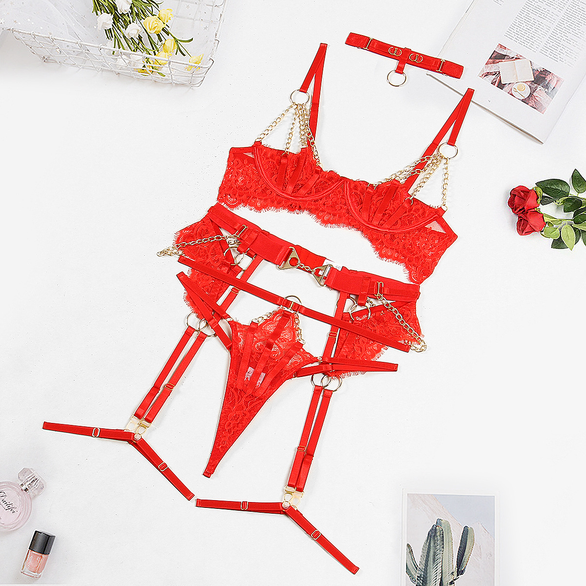 Intricate Hollow Out Half Cup Red Lace Lingerie Set
