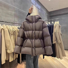 韩版连帽羽绒服女中长款2024冬季抽绳收腰加厚气质面包羽绒服外套