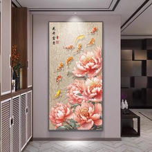 花开富贵中式入户玄关装饰画过道走廊竖版壁画九鱼图壁画