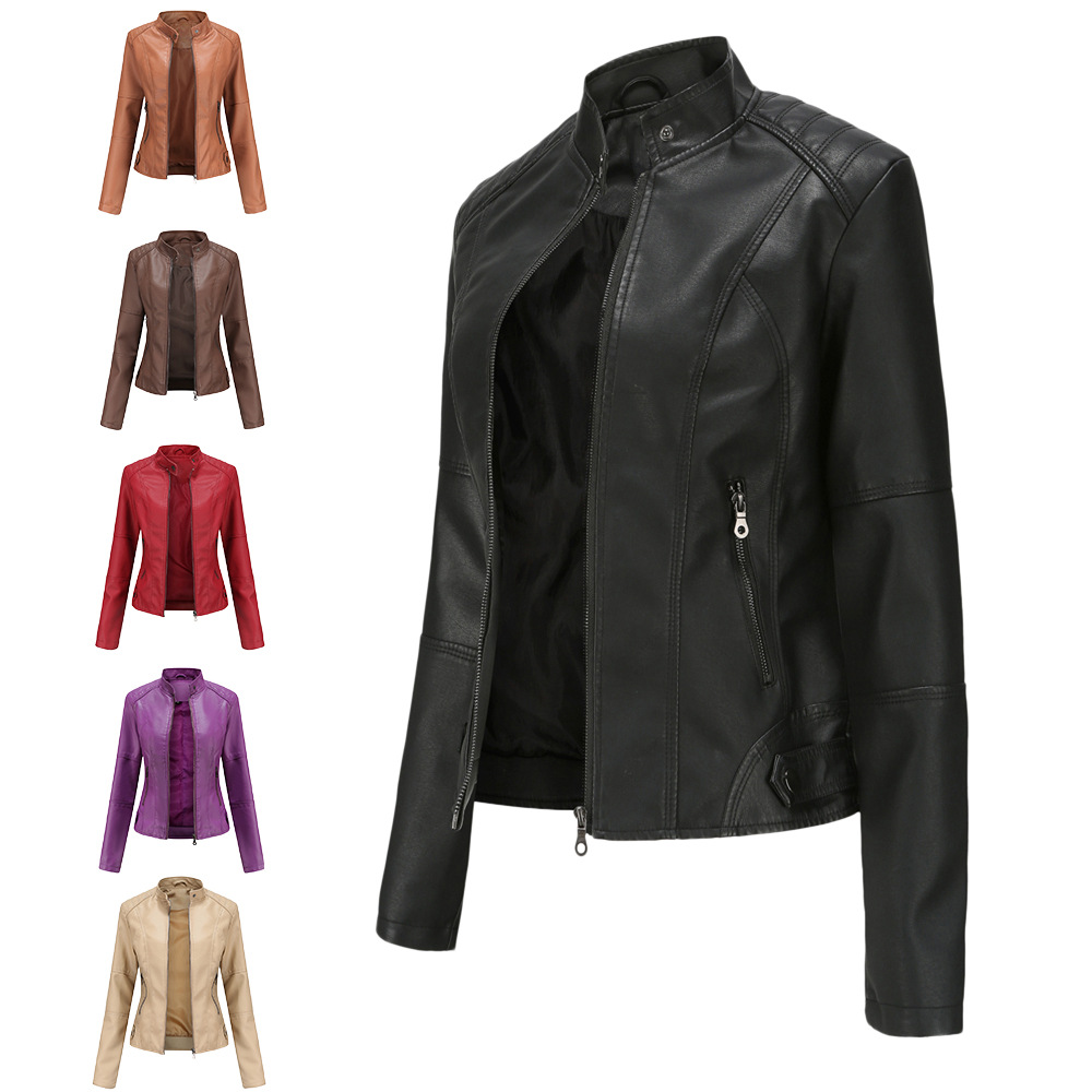 Cross-border European size women's leather jacket women slim jacket thin spring and autumn jacket women's motorcycle clothing large size standing collar leather jacket