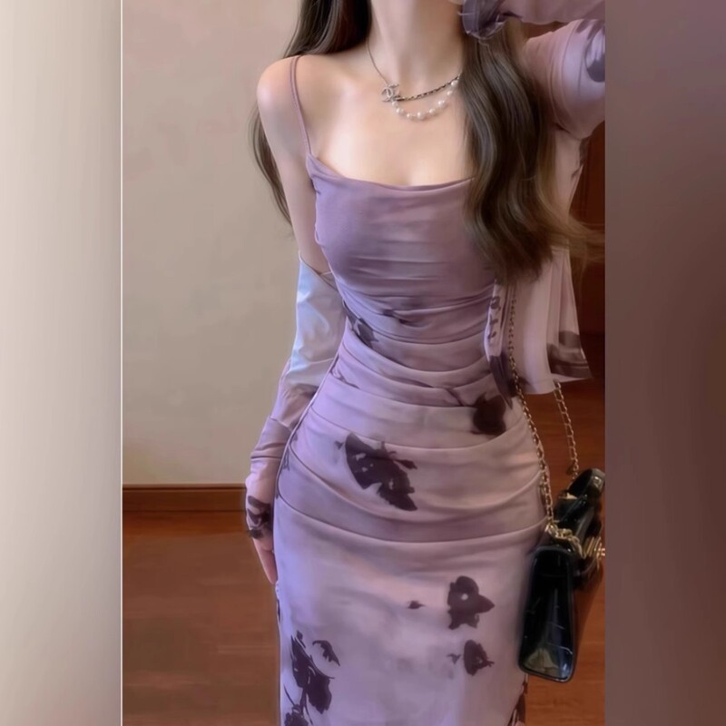2025 New French High-End Sexy Mesh Printed Long Skirt Purple Floral Suspender Dress Two-Piece Suit 2025 New French High-End Sexy Mesh Printed Long Skirt Purple Floral Suspender Dress Two-Piece Suit