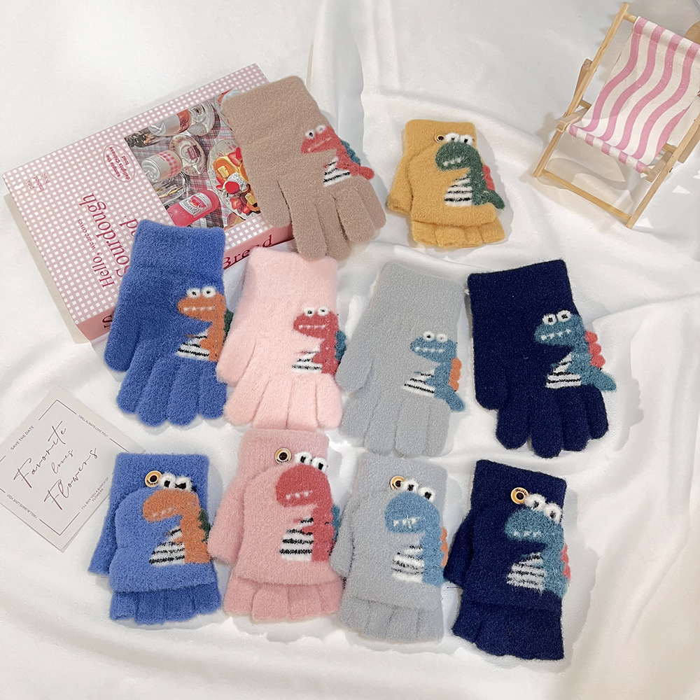 Impresión de dibujos animados coreanos dinosaurios guantes de niños lindos ociosos tejidos gruesos flip-up escritura guantes de cinco dedos