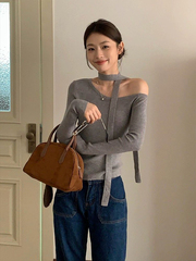 设计感小众韩系飘带挂脖露肩纯色针织衫女长袖修身斜肩上衣内搭潮