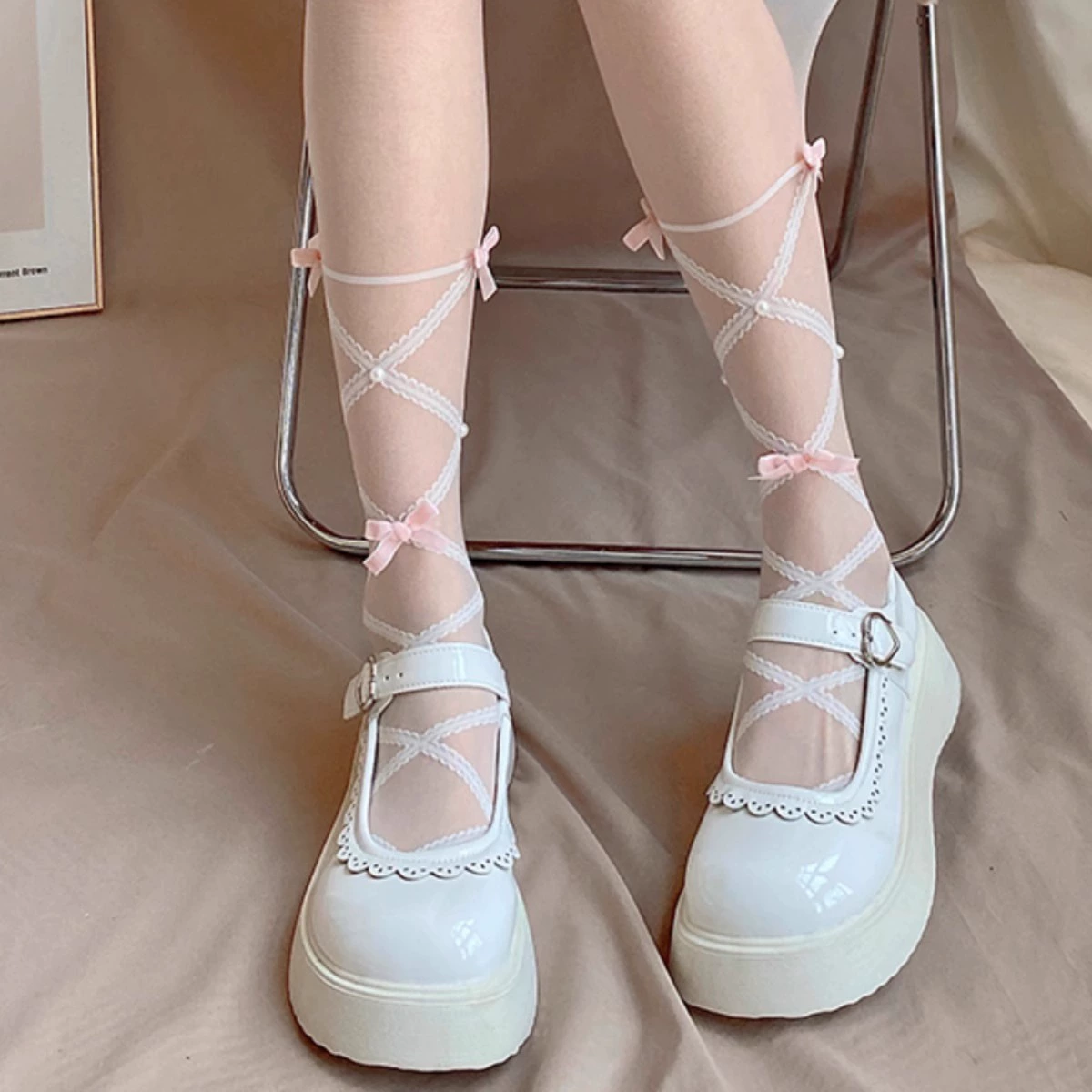 White tights, autumn thin sexy belt with bow, cute knee socks, Lolita style