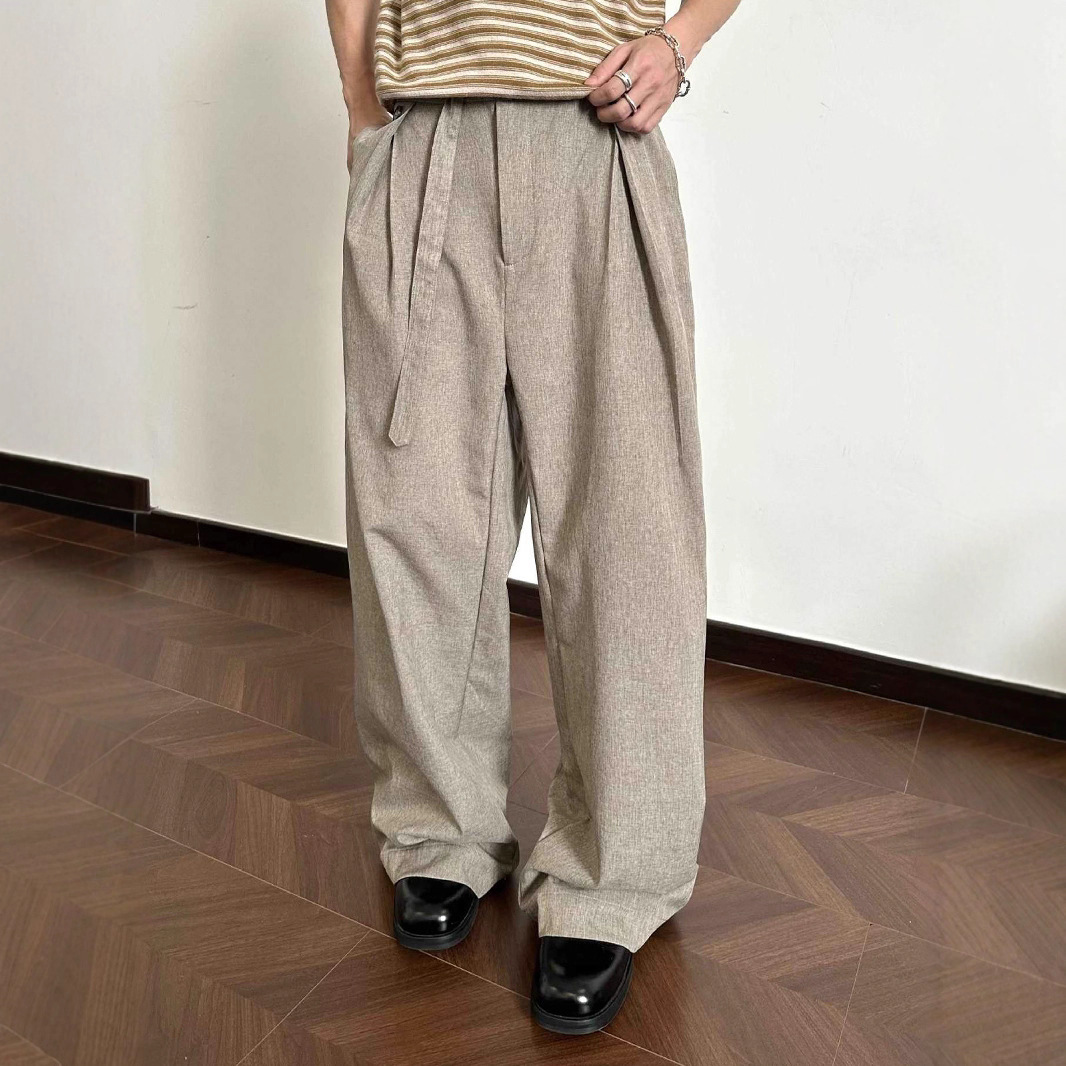 EME Men's Spring And Autumn Quiet Luxury Khaki Flowing Frost Feel Belt Kendo Pleated Low Waist Trousers Wide Leg Casual_voghion.com
