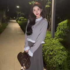 早秋灰色假两件针织衫外套女2025新款秋季长袖薄款高级感开衫上衣
