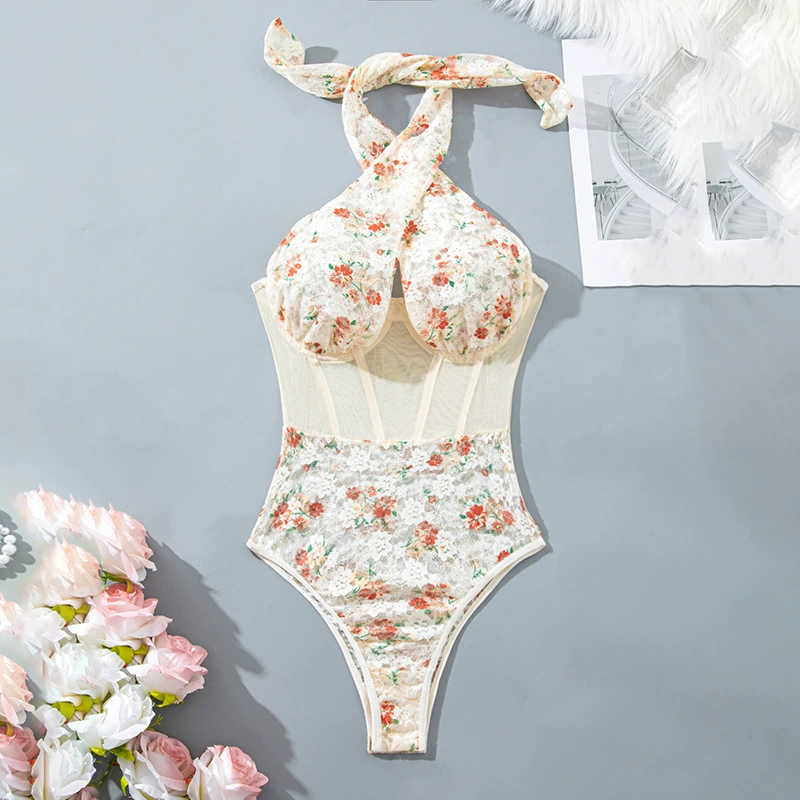 Глубокая шея V комбинезон сетчатая пряжа стальное кольцо