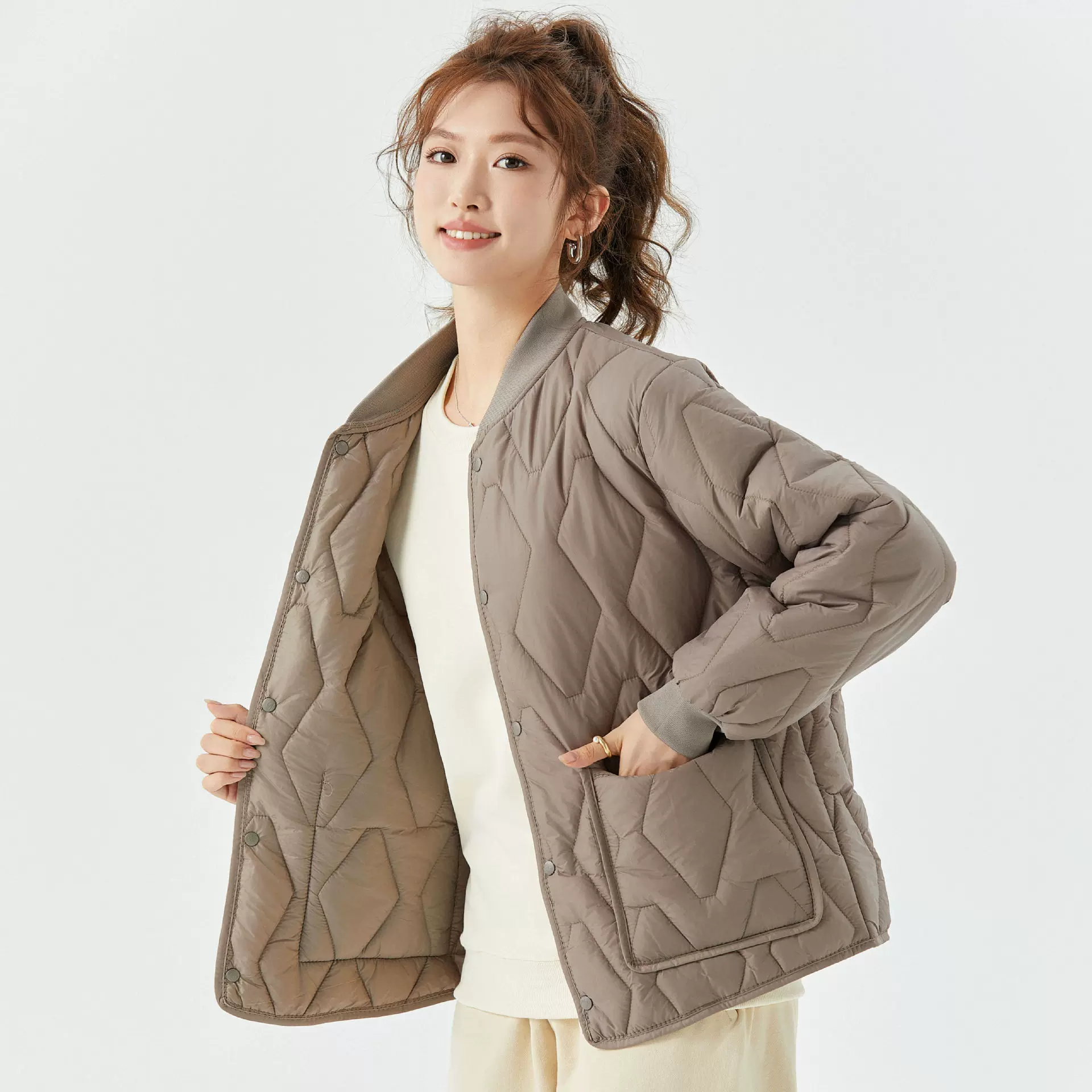 女士保暖长袖棉内胆女款家居棉衣棉服加绒螺纹领可外穿上衣2533