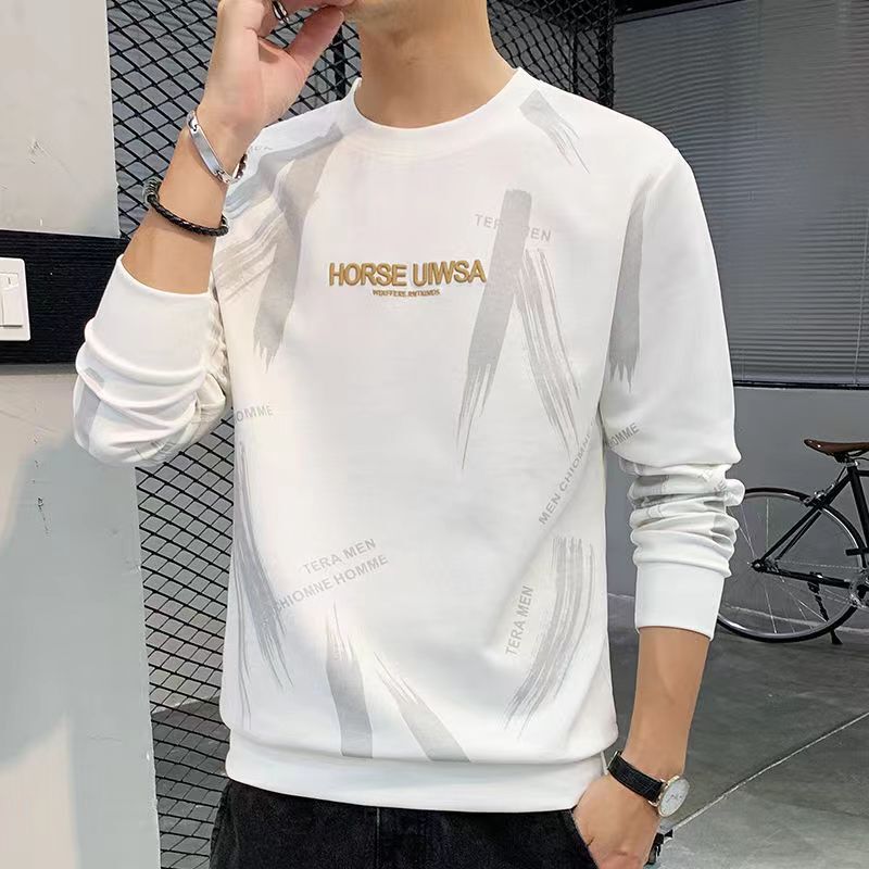 Sweater Men's New Spring and Autumn Men's Long-sleeved T-shirt Loose Pullover Crewneck Base Shirt Fashionable Printed Top for Youth