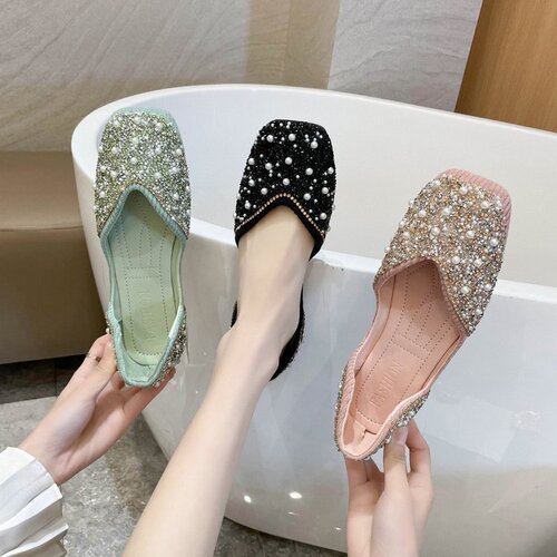 Women's Spring Bow Flat Slip-on Square Toe Soft Sole Fairy Bean Bean Shoes for Girls