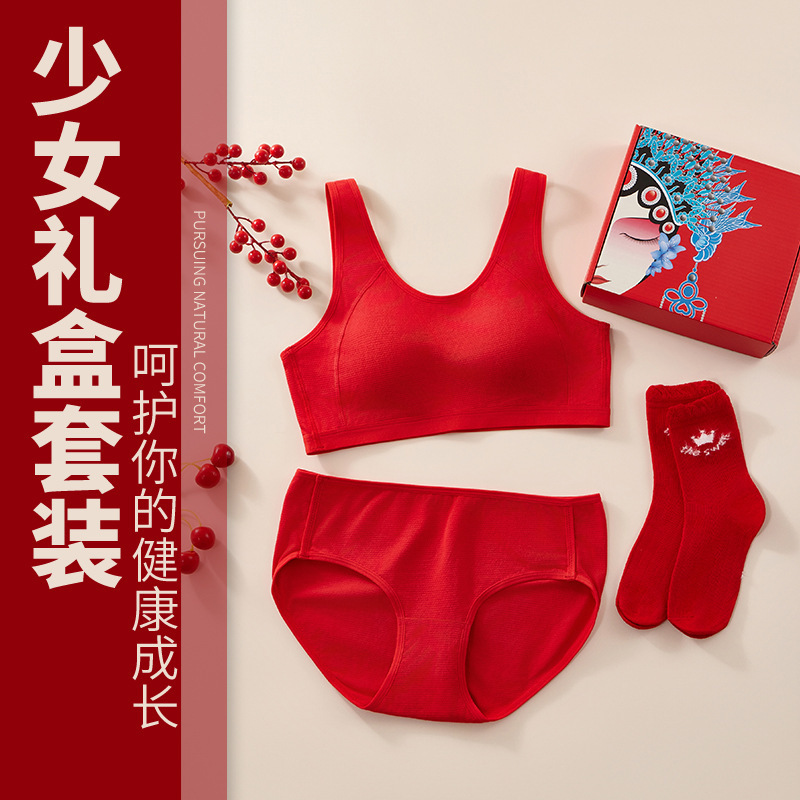 [2025 Year of the Horse] Year of the Horse Big Red Pure Cotton Girls Intimates Set Youth Development Period Bra 2818