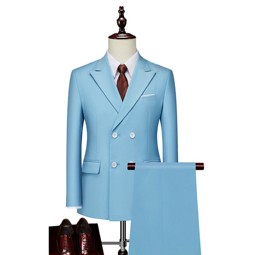 跨境外贸休闲西服套装男式韩版修身纯色双排扣新郎礼服西装两件套