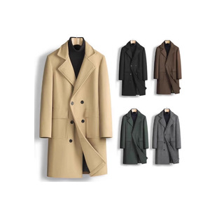 2025 spring new men's foreign trade double-breasted youth solid color casual long woolen coat fashionable trench coat