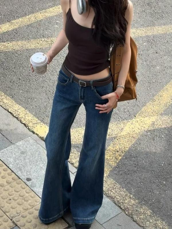 美式复古低腰微喇牛仔裤女2025夏季新款阔腿喇叭不贴腿拖地小个子|undefined