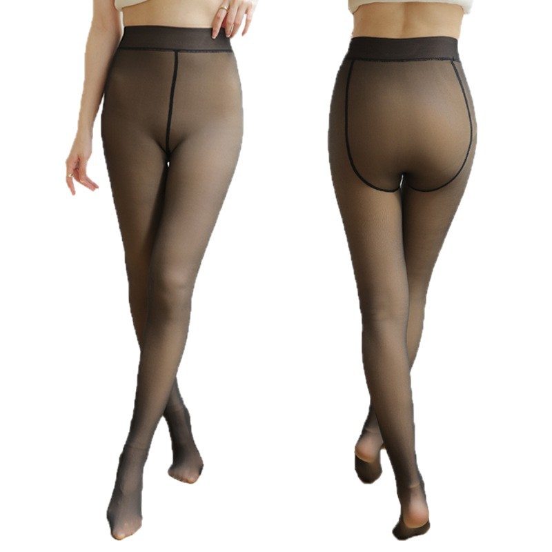 Leggings negros translúcidos de cintura alta para mujer, forrados de felpa y gruesos, pantimedias de una pieza, medias de seda negras, se pueden usar como piernas desnudas.