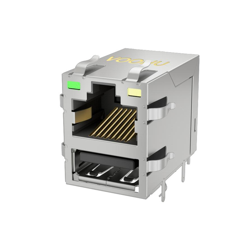 SYT611U2B101DB2WD Single Port RJ45 USB2.0 100 Mega Integrated Network Connector with Light and Bomb