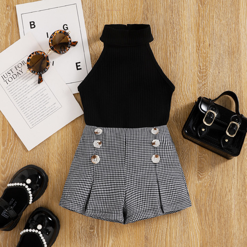 Baoxin Children's Clothes Summer Girls' Halter Vest Houndstooth Shorts British Two-piece Suit