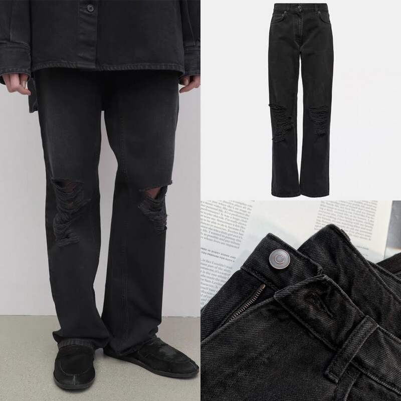 House Spring/Summer Tr Distressed Frayed Ripped Knee-Exposing Faded Washed Straight-Leg Jeans for Women