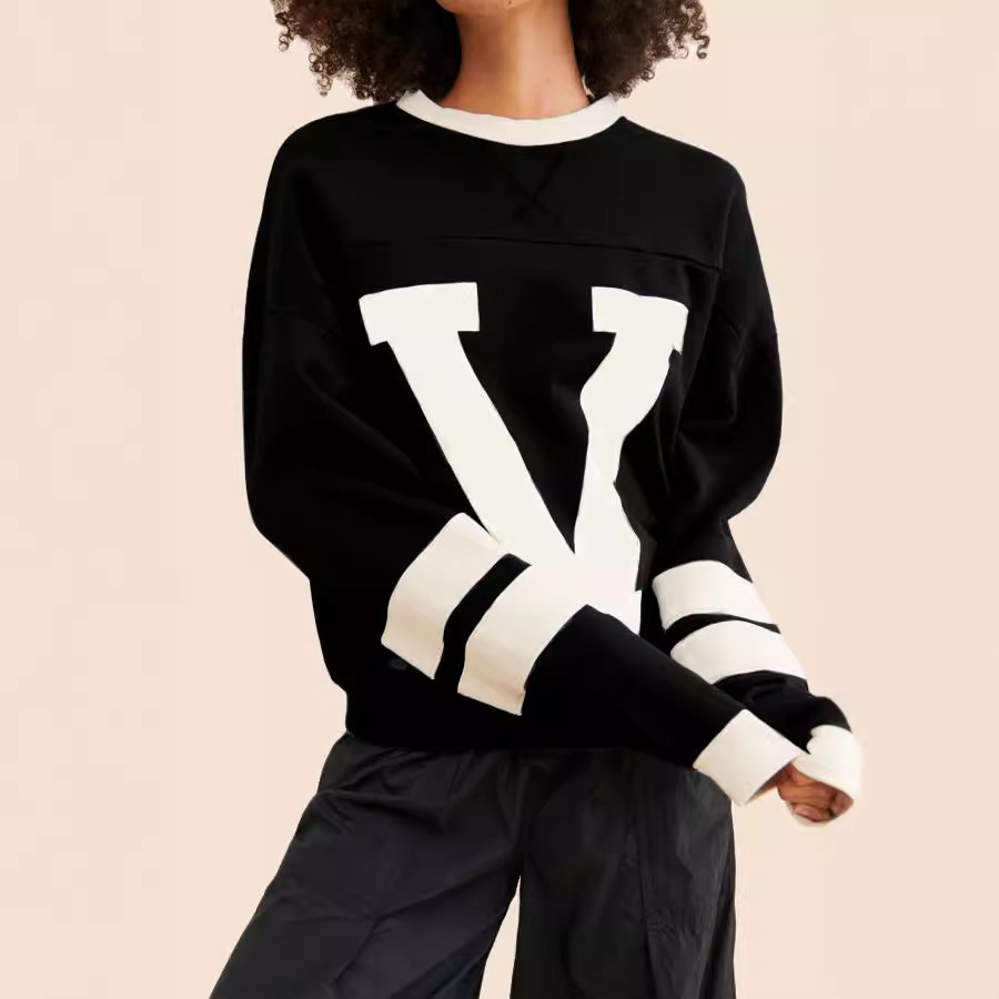 Women's Clothing women's clothing street personality contrast color letter print sweater loose versatile pullover sweater_voghion.com