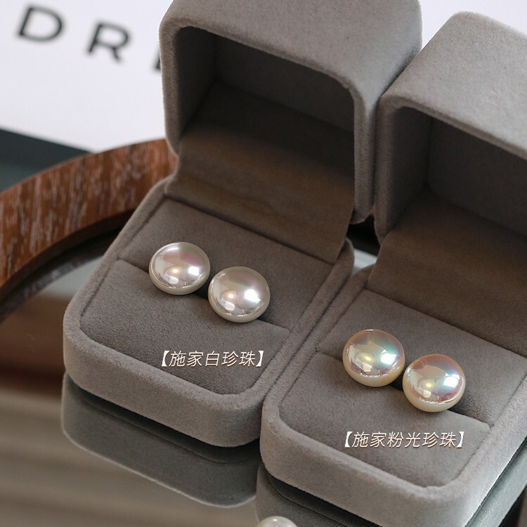 Pink Flat Round Aurora Bun Pearl Earrings 999 Silver Needle Women's Simple Mermaid Personalized Commuter Small Earrings