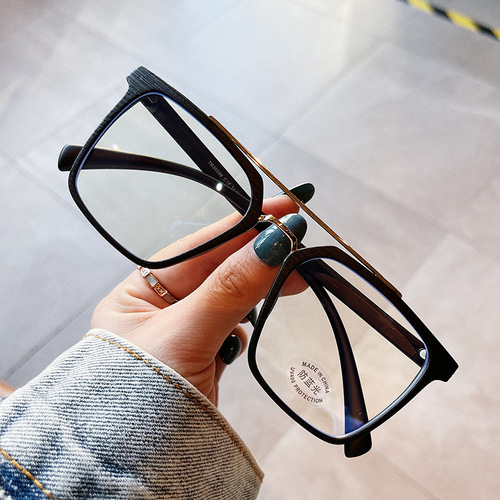 New large square frame anti-blue light glasses tr retro wood grain double beam flat frame Korean style personalized myopia eye frame