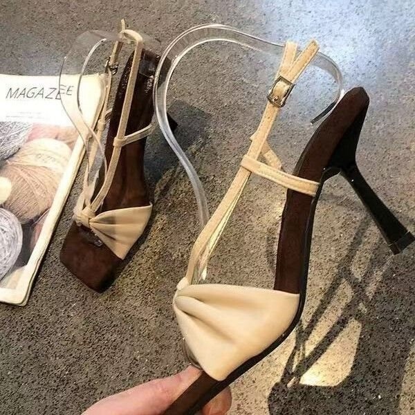 2025 New Summer Style High-Heeled Square-Toe Elegant Fairy Shoes, Simple French-Style Open-Toe Sandals with Bowknot 2025 New Summer Style High-Heeled Square-Toe Elegant Fairy Shoes, Simple French-Style Open-Toe Sandals with Bowknot