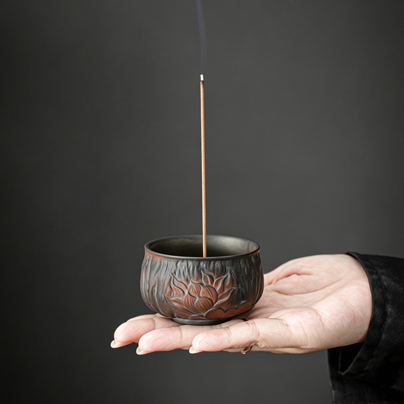紫陶莲花香插香炉手工雕刻茶道香托功夫茶具品茗杯套装