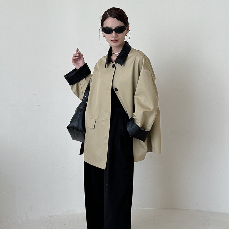 [Ben Chu] Lyocell trench coat women's 2024 early autumn new Korean stitching contrast color loose long coat