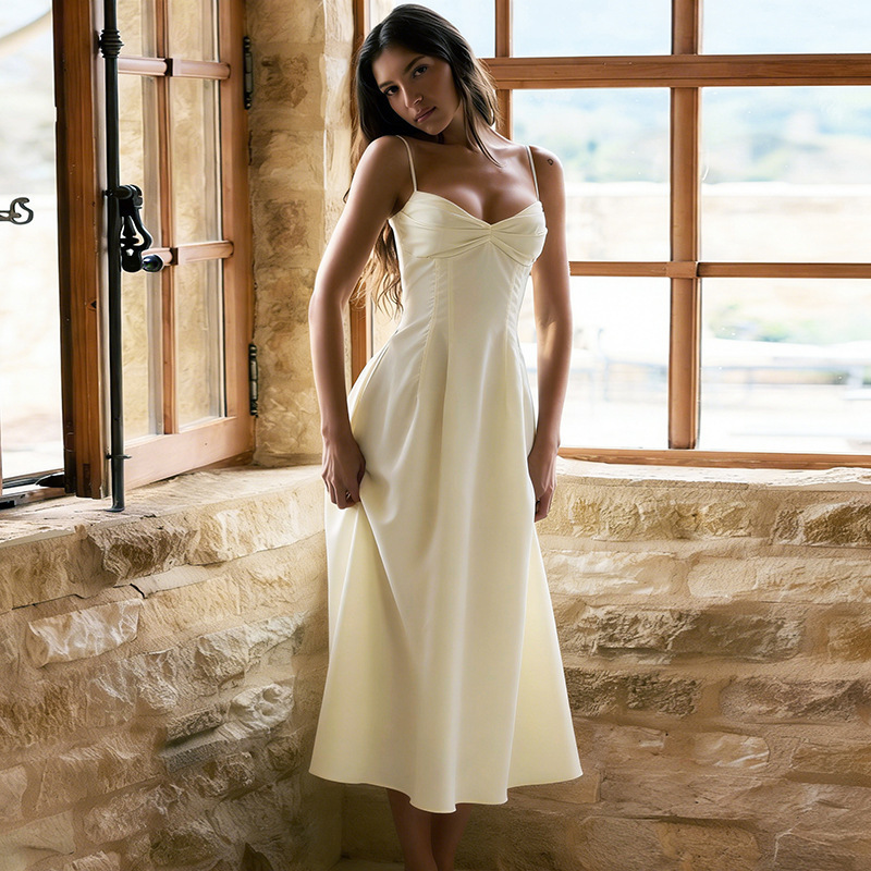 2026 nuevo estilo de verano europeo y americano de ropa de mujer elegante de color sólido cintura baja cintura de pescado vestido grande