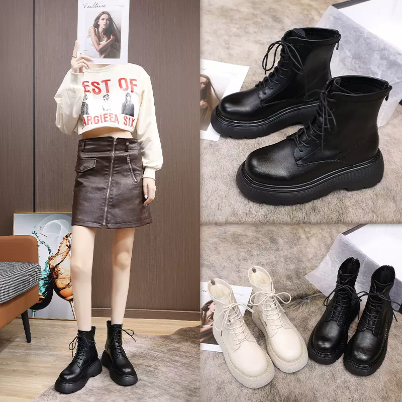 真皮厚底马丁靴女2024新款秋冬季中筒加绒弹力短靴子33码单靴女鞋