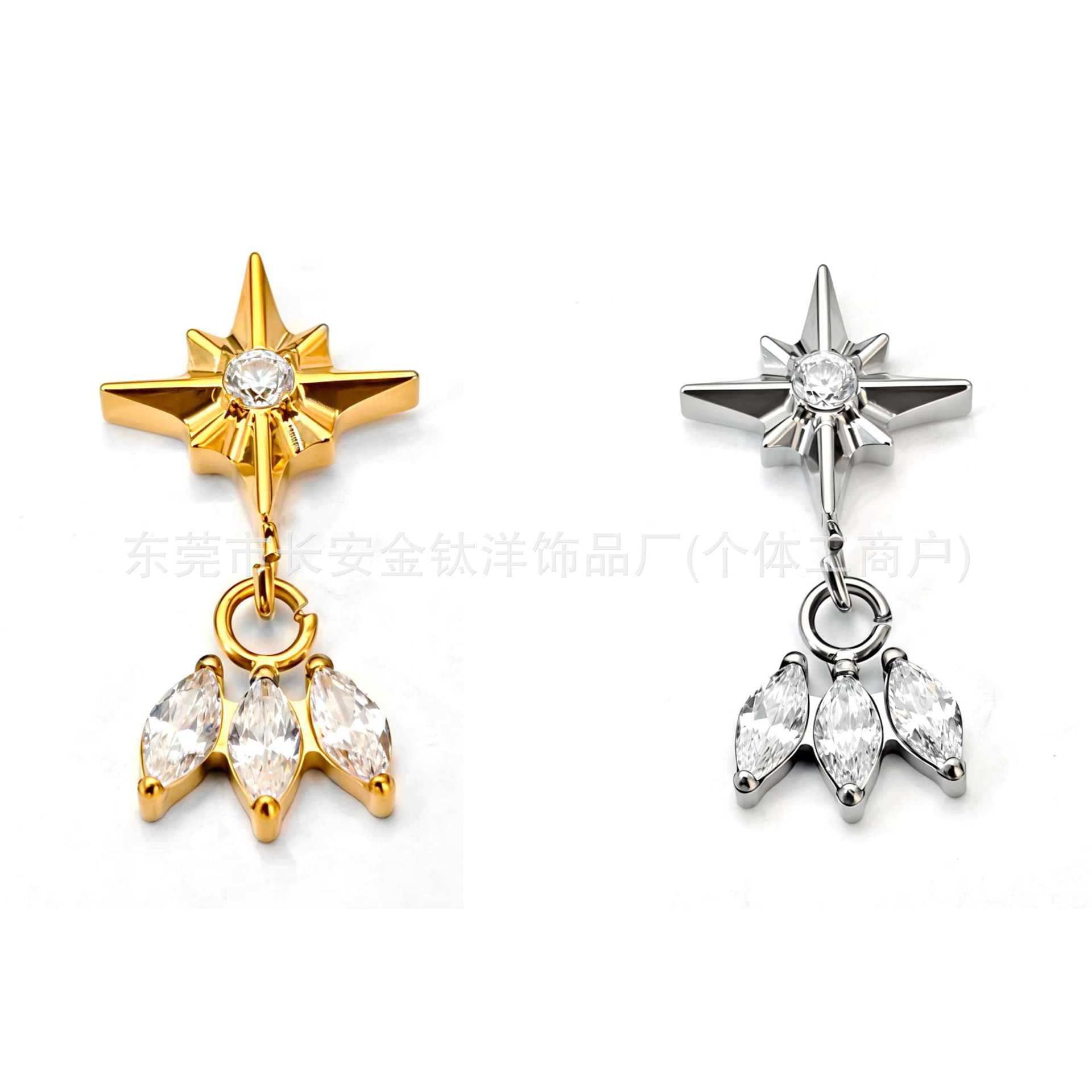 F136 Titanium Gold-Plated Eight-Pointed Star Marquise Pendant Zircon Lip Stud Ear Bone Stud G23 Titanium Alloy Piercing Jewelry detail image 5