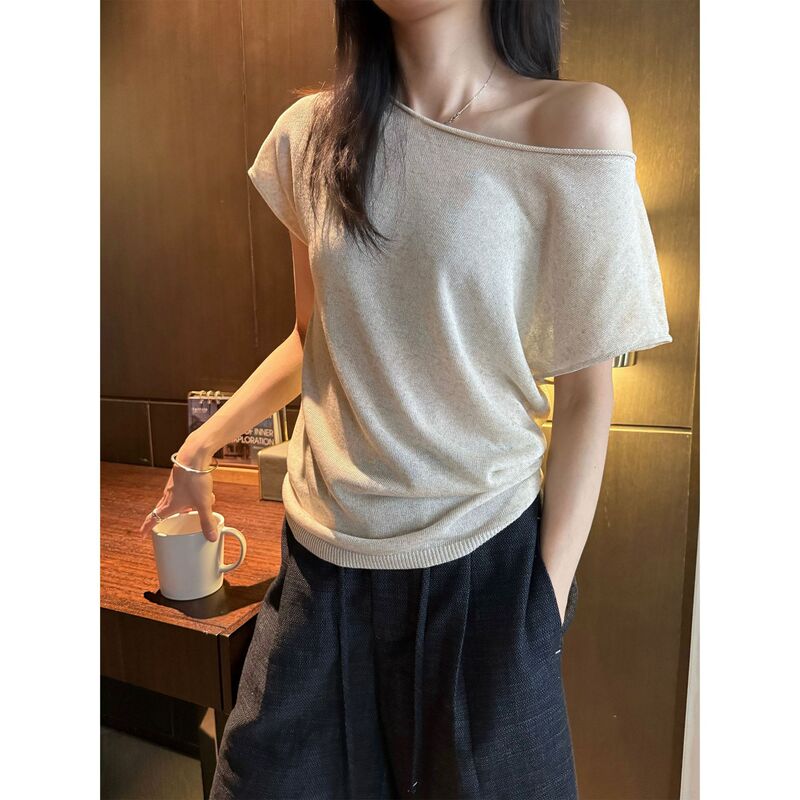 Awencoat [One Clothes Two Wear] Tencel Linen Short Sleeve T-Shirt Women's Summer Off-Shoulder Curly Shoulder Knitted Top