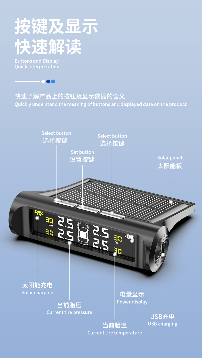 Car Tire Pressure Monitor Solar-Powered Wireless High-Precision Air Pressure Monitoring Tpms Smart Tire Four-Wheel