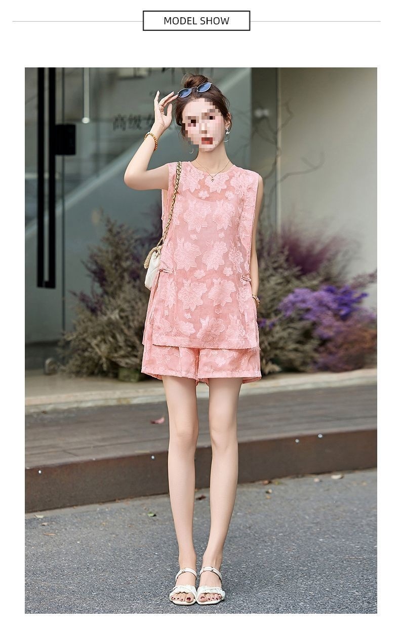 Bộ quần short áo không tay nữ phong cách quốc phong mới 2026 — Bộ màu xanh lá cây nhạt, Bộ màu hồng nhạt chi tiết 11