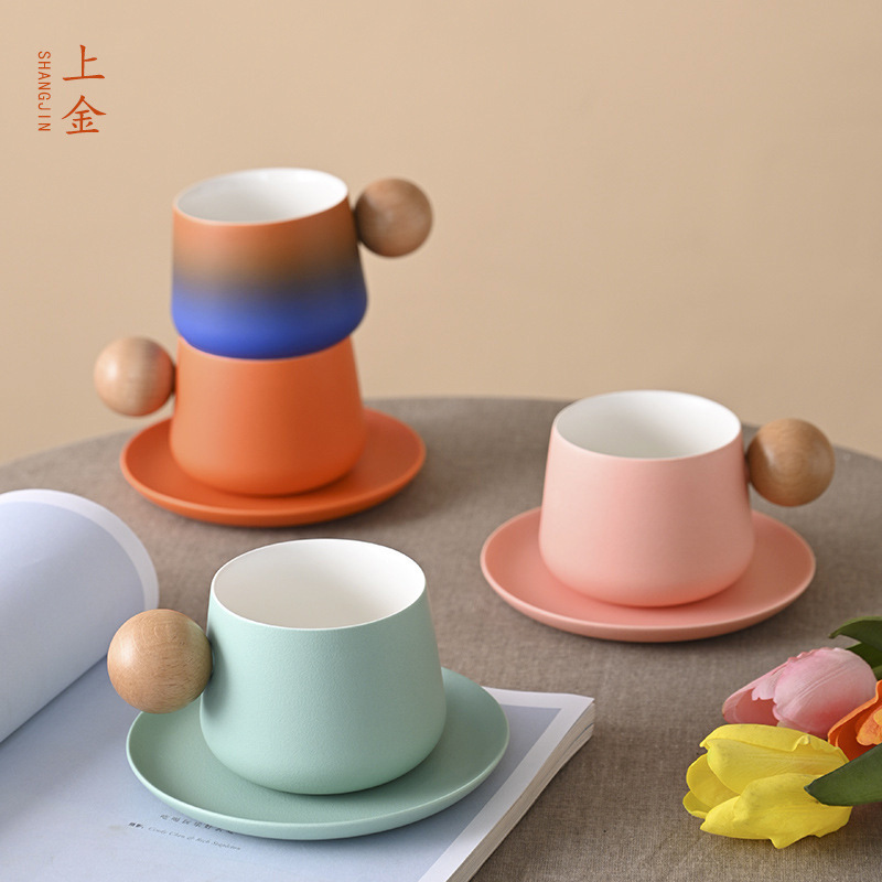 Shangjin Nordic Style Coffee Cup and Saucer Set with Wooden Handle Ceramic Mug, High-End Creative Design Coffee Cup