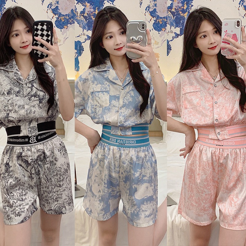 Summer Ins-Style Waist-Cinching Short Cardigan Short-Sleeve Ice Silk Pajamas Women's Tummy-Control Shorts Loungewear Set for Outerwear