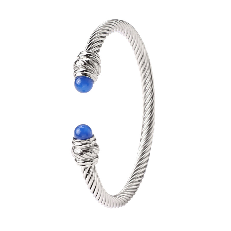 Fashion C Shape Stainless Steel Inlay Turquoise Beads Bangle 1 Piece