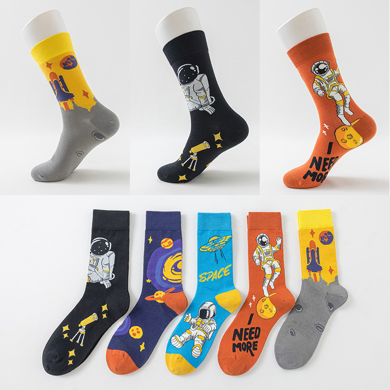 Plus Size Cotton Socks Men's Long Socks Spring & Fall Day Sports Style European and American Style Astronaut Pattern Socks Wholesale