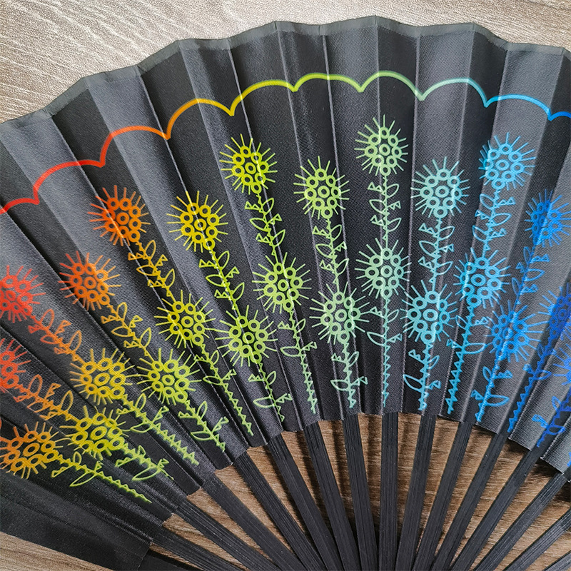 23cm Black Straight Bone National Style Satin Fan Rainbow Series Abstract Painting Style Folding Fan Classic Ancient Style Small Folding Fan display picture 4