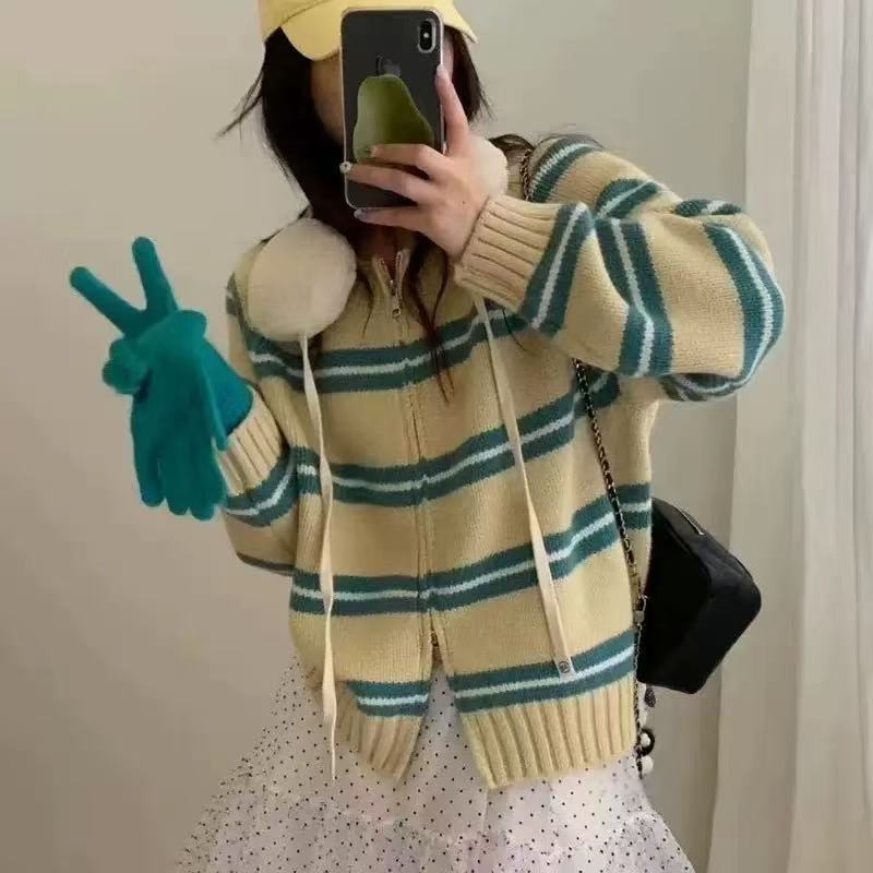 圆领撞色条纹双拉链针织衫外套女2025秋冬款韩系慵懒风针织衫上衣|undefined