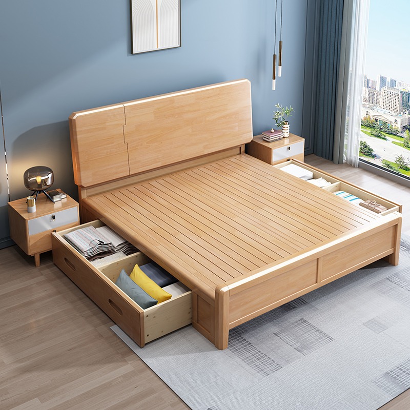 Cama de madera maciza completa moderna minimalista nórdica cama doble 1.5 m1.8 M presión de aire alta caja cama de almacenamiento cama directa de fábrica