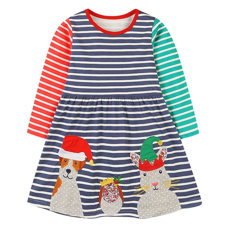 AostaBetty Vestido de otoño para niñas, vestido de retazos de animales de dibujos animados de Navidad para niños pequeños, vestido largo a rayas.