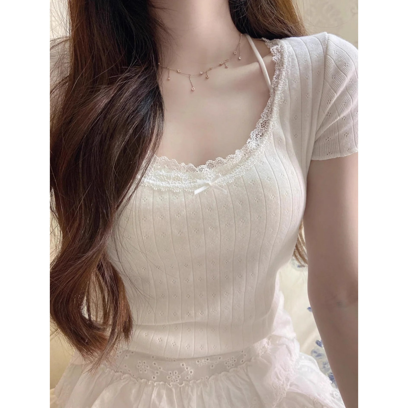 Plus-Size Pure Desire Lace Trim Bow Short-Sleeve T-Shirt for Women, Summer 2026 Spicy Girl Ruched Slim-Fit Cropped Top