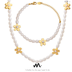 French light luxury style floral pendant irregular oval fresh water pearl necklace personalized accessory bracelet set